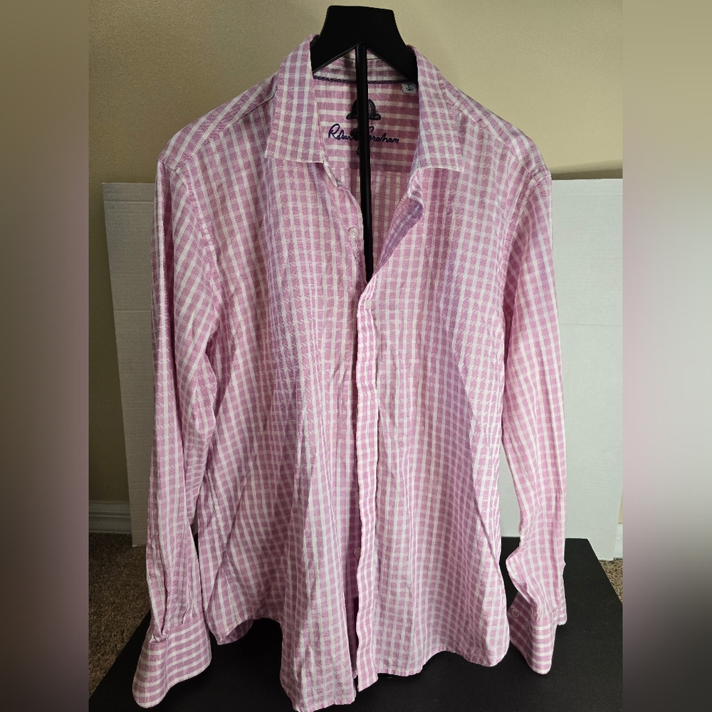 Robert Graham Shirt Mens 17 Large  Pink/White Checkered Button Up